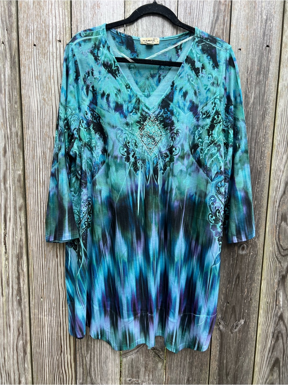 One World Boho Tie Dye Embellished Green Blue Long Tunic Blouse Womens XL